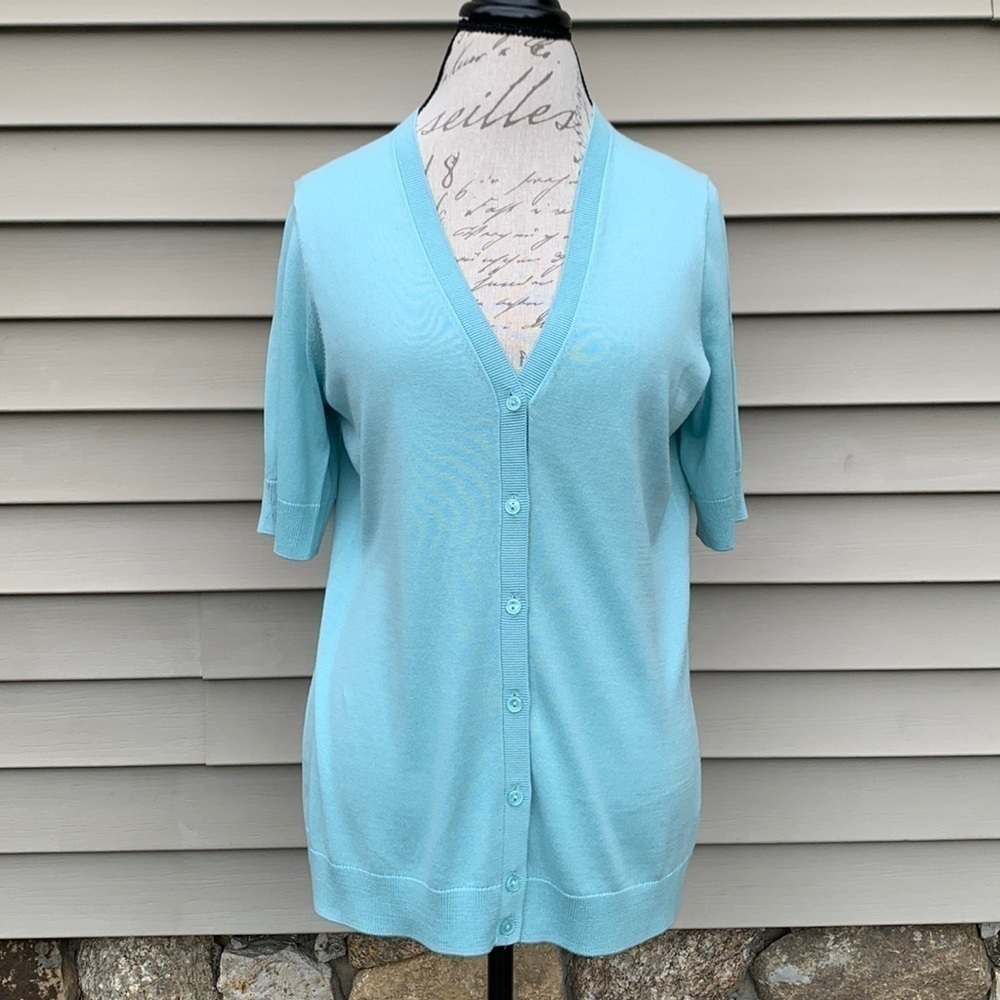 Talbots Short Sleeve Cardigan Sweater - Seafoam
